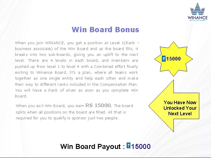 Win Board Bonus When you join WINANCE, you get a position at Level 1(Rank