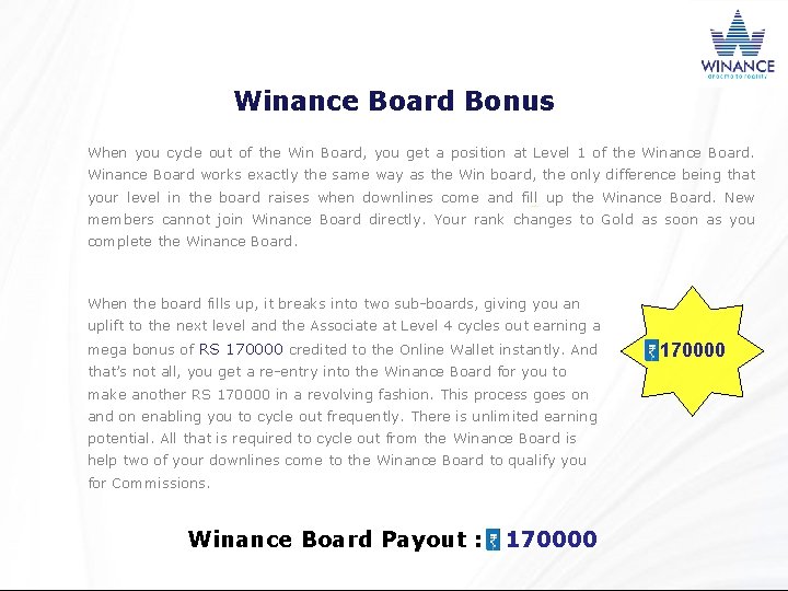 Winance Board Bonus When you cycle out of the Win Board, you get a