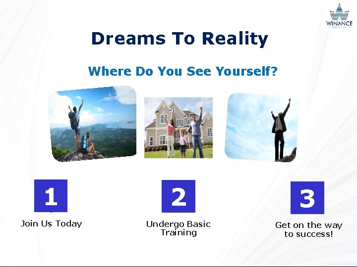 Dreams To Reality Where Do You See Yourself? 1 2 3 Join Us Today