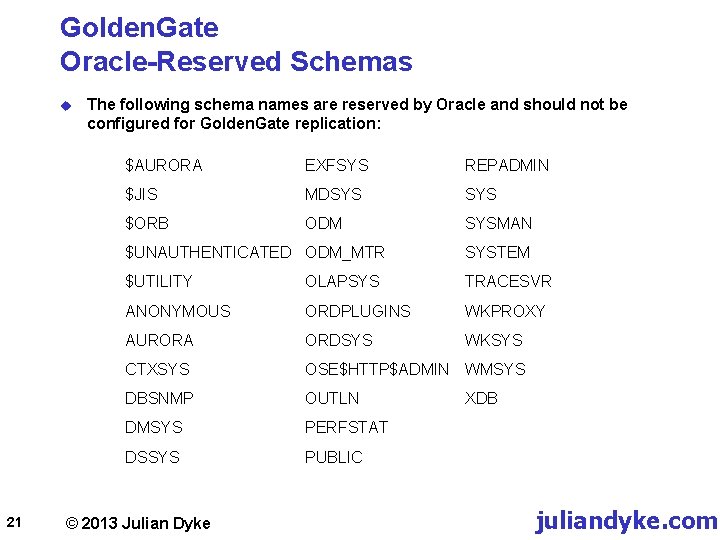 Golden. Gate Oracle-Reserved Schemas u 21 The following schema names are reserved by Oracle