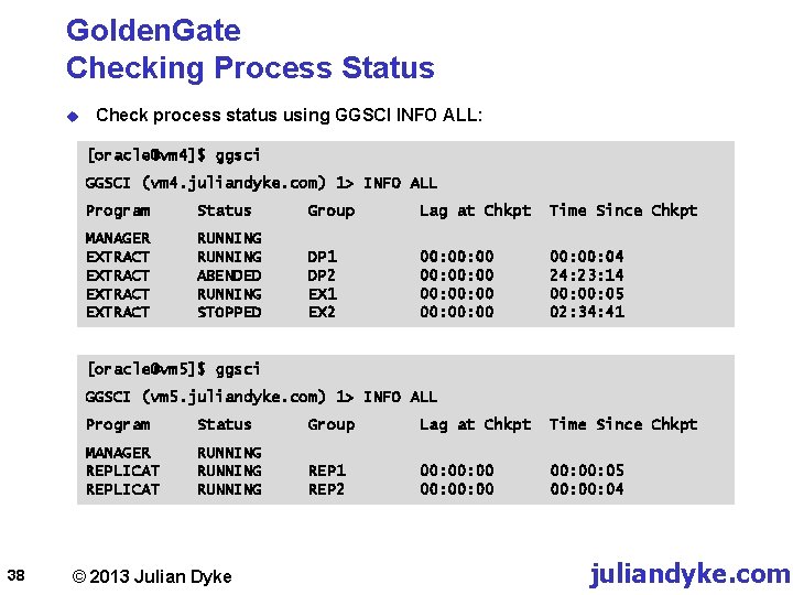 Golden. Gate Checking Process Status u Check process status using GGSCI INFO ALL: [oracle@vm