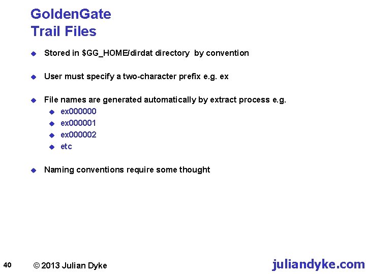 Golden. Gate Trail Files 40 u Stored in $GG_HOME/dirdat directory by convention u User