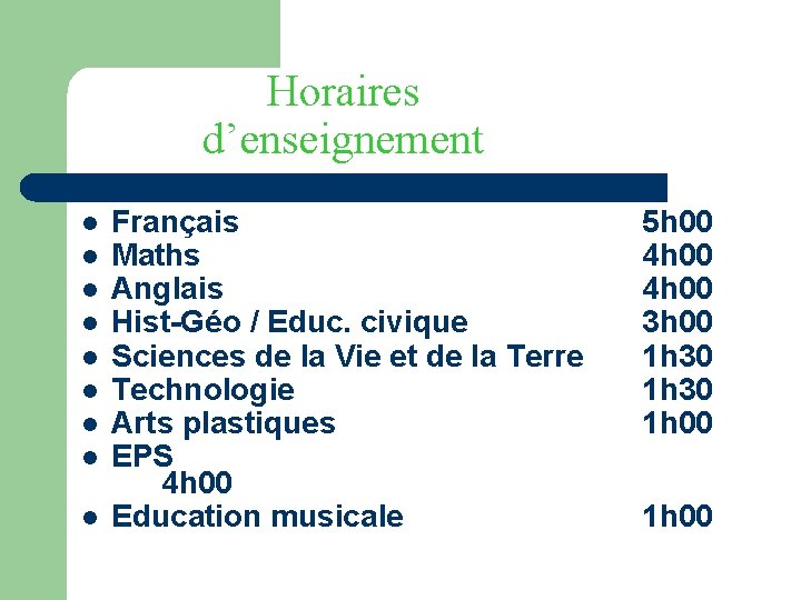 Horaires d’enseignement l l l l l Français Maths Anglais Hist-Géo / Educ. civique