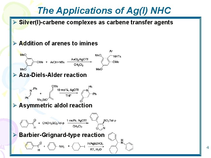 The Applications of Ag(I) NHC Ø Silver(I)-carbene complexes as carbene transfer agents Ø Addition