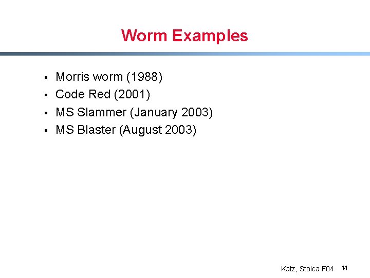 Worm Examples § § Morris worm (1988) Code Red (2001) MS Slammer (January 2003)
