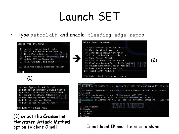 Launch SET • Type setoolkit and enable bleeding-edge repos (2) (1) (3) select the