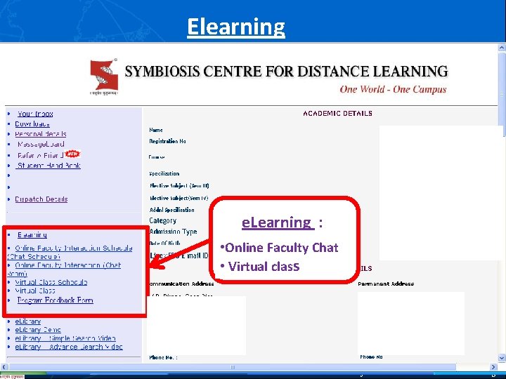 Elearning e. Learning : • Online Faculty Chat • Virtual class Symbiosis Centre For