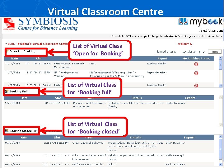 Virtual Classroom Centre List of Virtual Class ‘Open for Booking’ List of Virtual Class