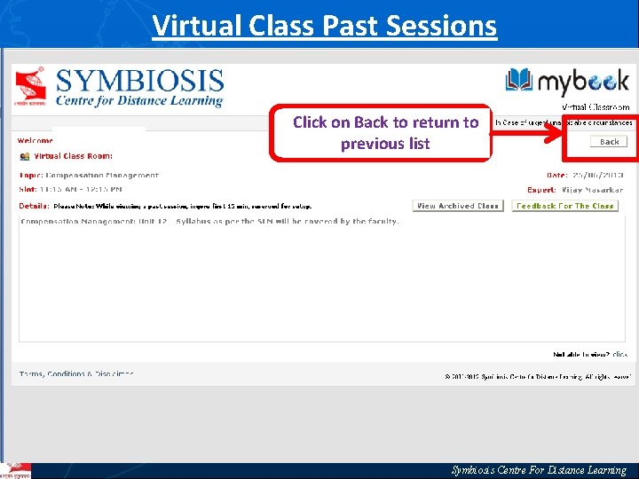 Virtual Class Past Sessions Click on Back to return to previous list Symbiosis Centre