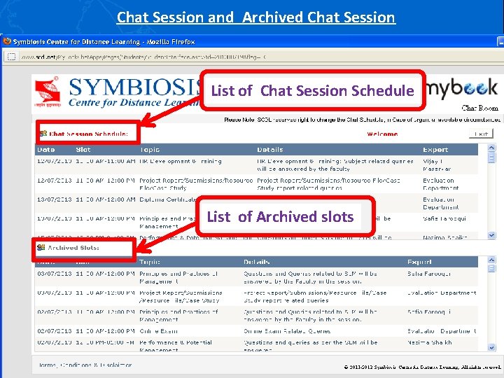 Chat Session and Archived Chat Session List of Chat Session Schedule List of Archived