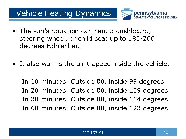 Vehicle Heating Dynamics § The sun’s radiation can heat a dashboard, steering wheel, or