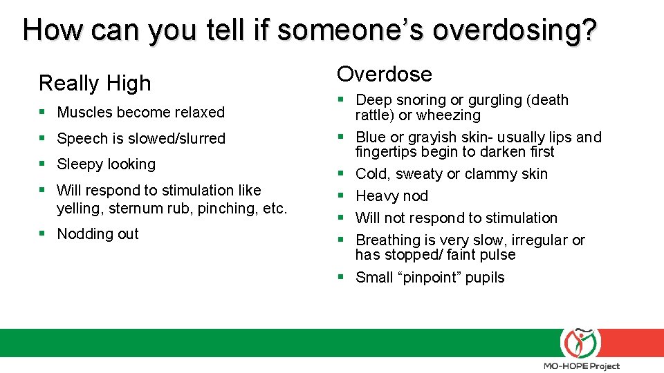 How can you tell if someone’s overdosing? Really High § Muscles become relaxed §