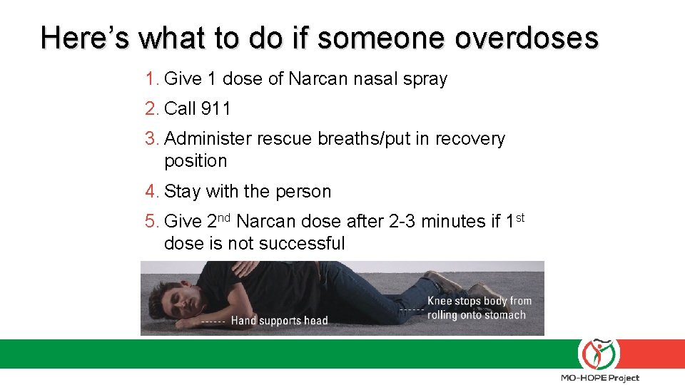 Here’s what to do if someone overdoses 1. Give 1 dose of Narcan nasal