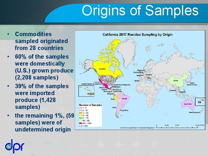 Origins of Samples • Commodities sampled originated from 28 countries • 60% of the
