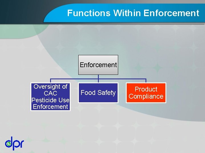 Functions Within Enforcement Oversight of CAC Pesticide Use Enforcement Food Safety Product Compliance 