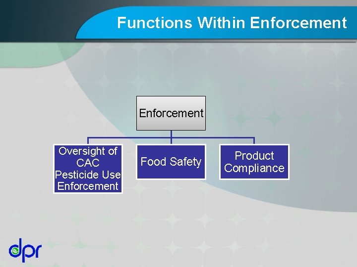 Functions Within Enforcement Oversight of CAC Pesticide Use Enforcement Food Safety Product Compliance 