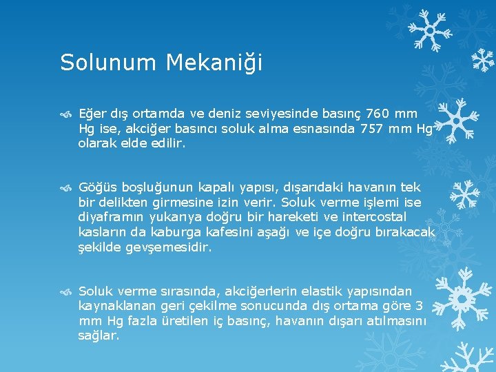 Solunum Mekaniği Eğer dış ortamda ve deniz seviyesinde basınç 760 mm Hg ise, akciğer