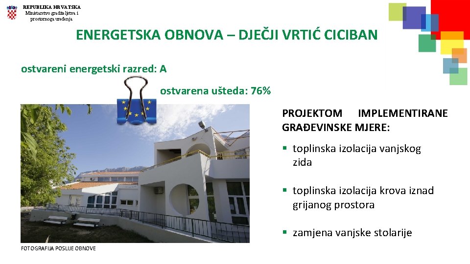 REPUBLIKA HRVATSKA Ministarstvo graditeljstva i prostornoga uređenja ENERGETSKA OBNOVA – DJEČJI VRTIĆ CICIBAN ostvareni