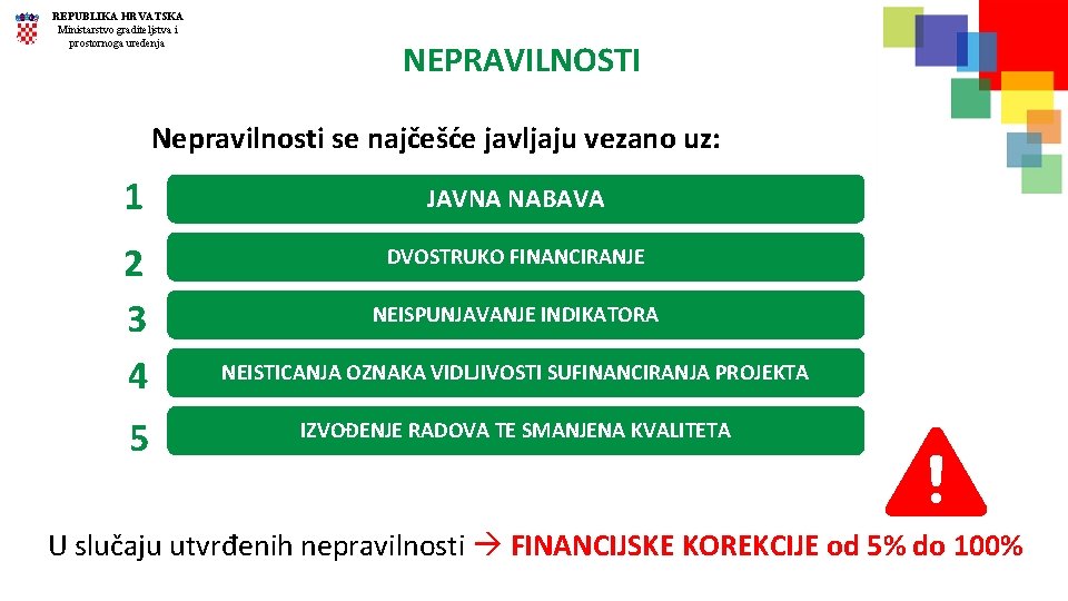 REPUBLIKA HRVATSKA Ministarstvo graditeljstva i prostornoga uređenja NEPRAVILNOSTI Nepravilnosti se najčešće javljaju vezano uz:
