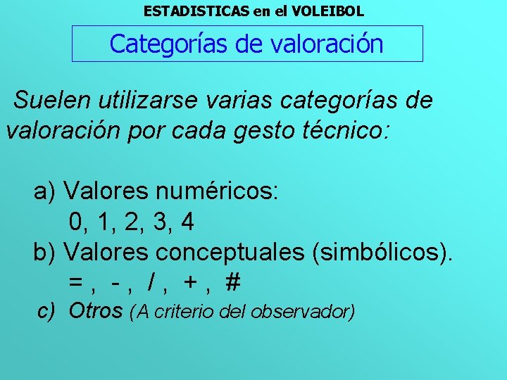 ESTADISTICAS en el VOLEIBOL Categorías de valoración Suelen utilizarse varias categorías de valoración por