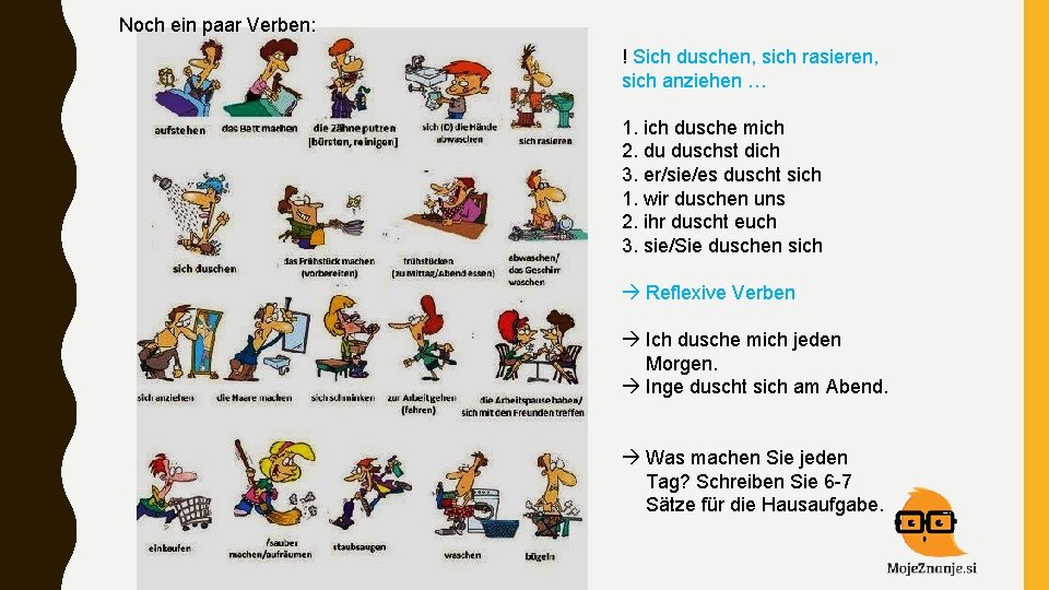 Noch ein paar Verben: ! Sich duschen, sich rasieren, sich anziehen … 1. ich