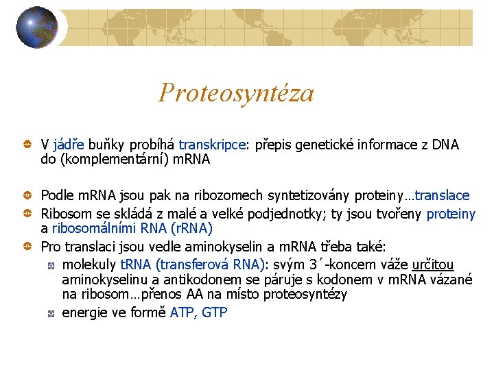 Proteosyntéza V jádře buňky probíhá transkripce: přepis genetické informace z DNA do (komplementární) m.