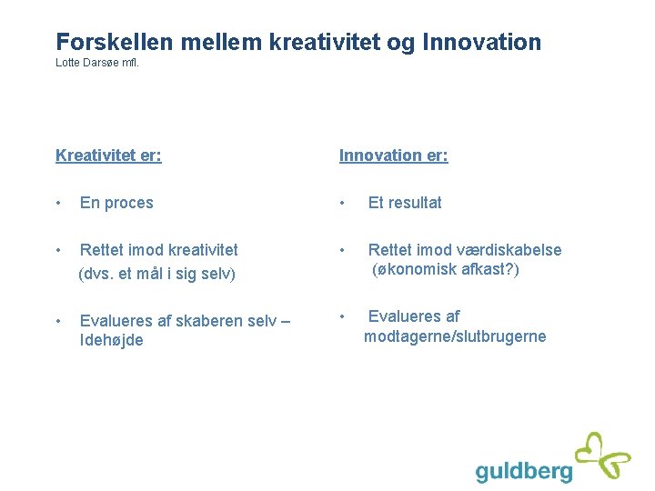 Forskellen mellem kreativitet og Innovation Lotte Darsøe mfl. Kreativitet er: Innovation er: • En