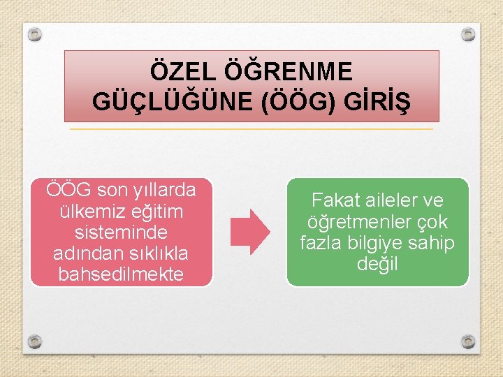 ÖZEL ÖĞRENME GÜÇLÜĞÜNE (ÖÖG) GİRİŞ ÖÖG son yıllarda ülkemiz eğitim sisteminde adından sıklıkla bahsedilmekte