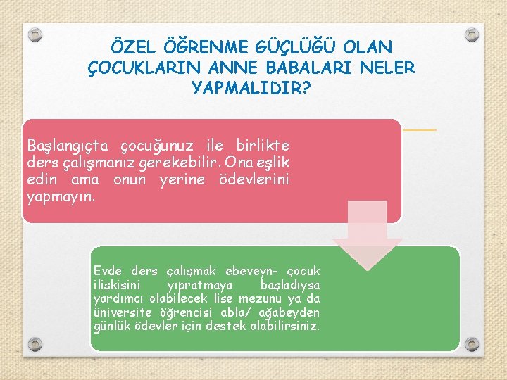 ÖZEL ÖĞRENME GÜÇLÜĞÜ OLAN ÇOCUKLARIN ANNE BABALARI NELER YAPMALIDIR? Başlangıçta çocuğunuz ile birlikte ders ÖZEL ÖĞRENME GÜÇLÜĞÜ OLAN ÇOCUKLARIN ANNE BABALARI NELER YAPMALIDIR? Başlangıçta çocuğunuz ile birlikte ders