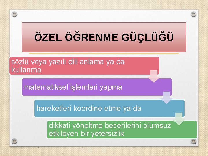 ÖZEL ÖĞRENME GÜÇLÜĞÜ sözlü veya yazılı dili anlama ya da kullanma matematiksel işlemleri yapma