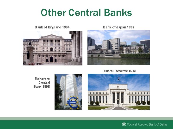 Other Central Banks Bank of England 1694 Bank of Japan 1882 Federal Reserve 1913