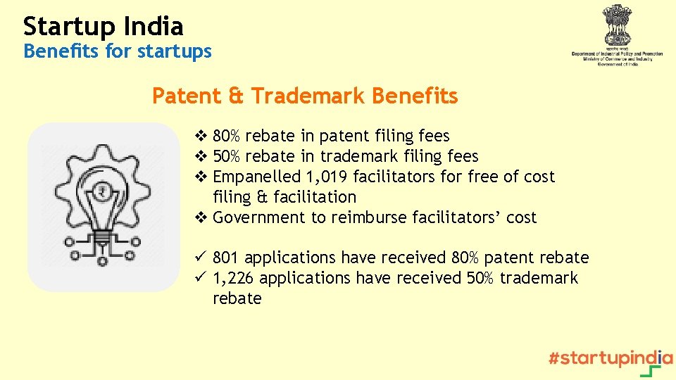 Startup India Benefits for startups Patent & Trademark Benefits v 80% rebate in patent