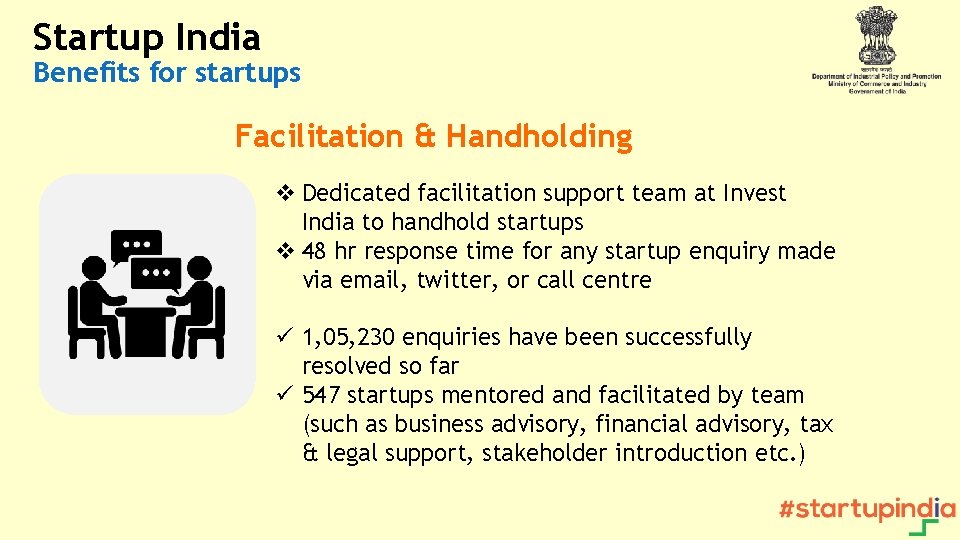 Startup India Benefits for startups Facilitation & Handholding v Dedicated facilitation support team at