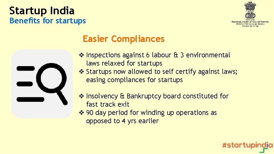 Startup India Benefits for startups Easier Compliances v Inspections against 6 labour & 3