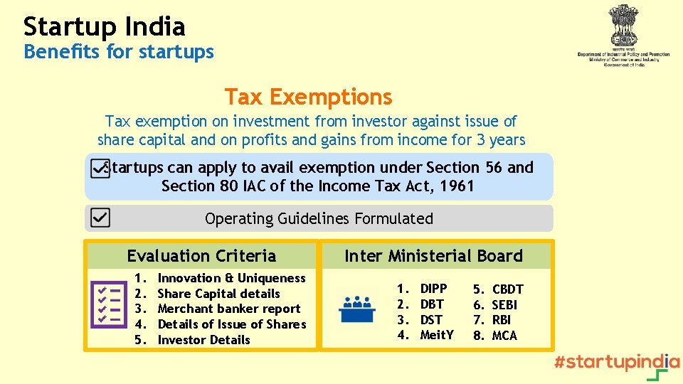 Startup India Benefits for startups Tax Exemptions Tax exemption on investment from investor against