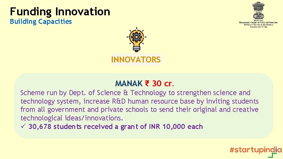 Funding Innovation Building Capacities INNOVATORS MANAK ₹ 30 cr. Scheme run by Dept. of