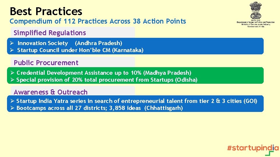 Best Practices Compendium of 112 Practices Across 38 Action Points Simplified Regulations Ø Innovation