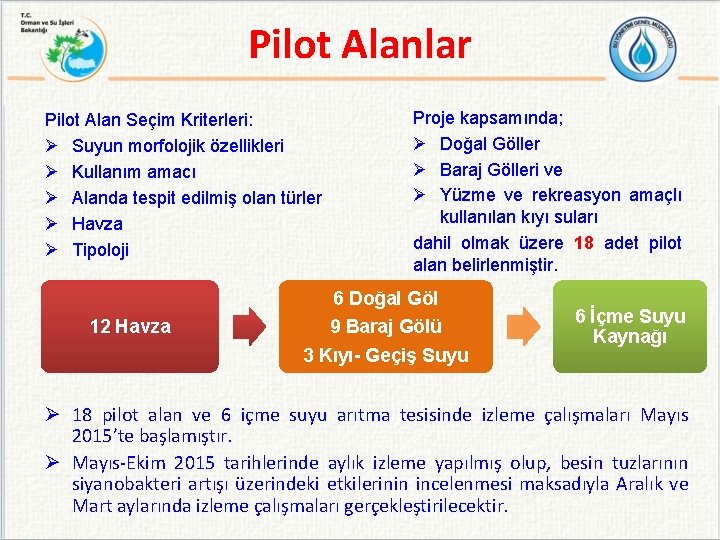 Pilot Alanlar Pilot Alan Seçim Kriterleri: Ø Suyun morfolojik özellikleri Ø Kullanım amacı Ø