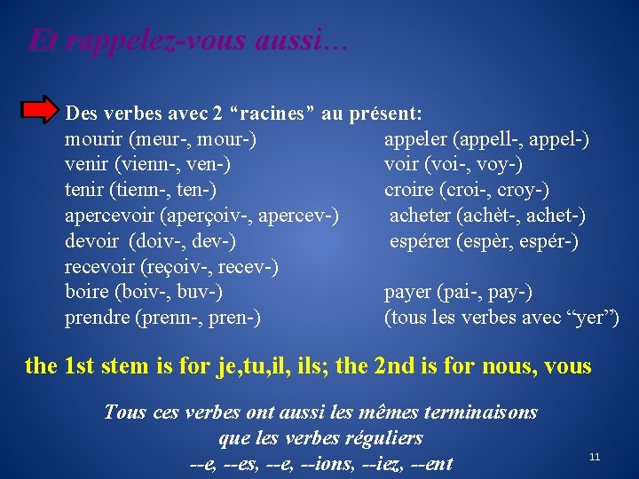 Et rappelez-vous aussi… Des verbes avec 2 “racines” au présent: mourir (meur-, mour-) appeler
