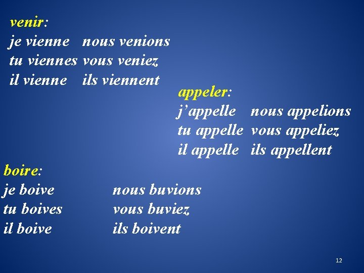 venir: je vienne nous venions tu viennes vous veniez il vienne ils viennent boire: