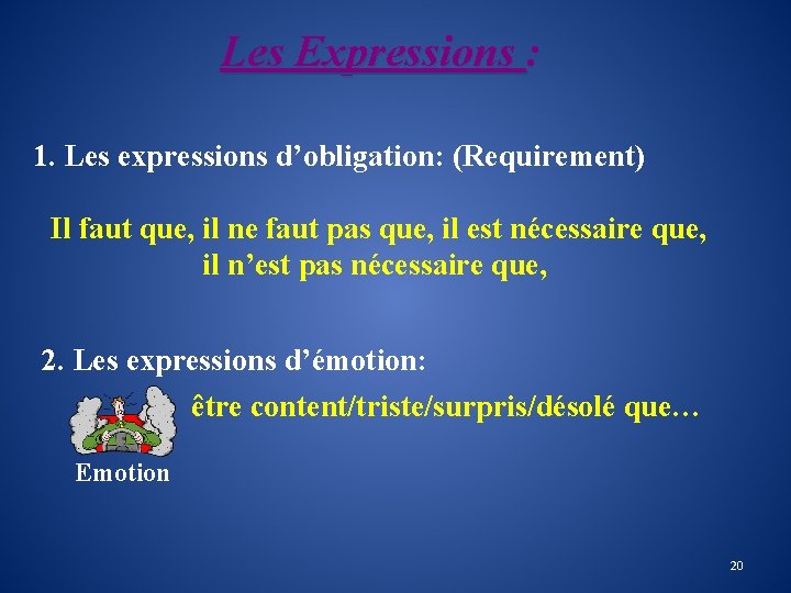 Les Expressions : 1. Les expressions d’obligation: (Requirement) Il faut que, il ne faut