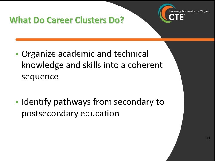 What Do Career Clusters Do? § Organize academic and technical knowledge and skills into
