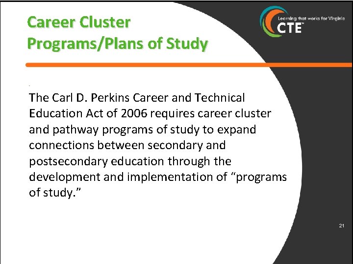 Career Cluster Programs/Plans of Study § The Carl D. Perkins Career and Technical Education