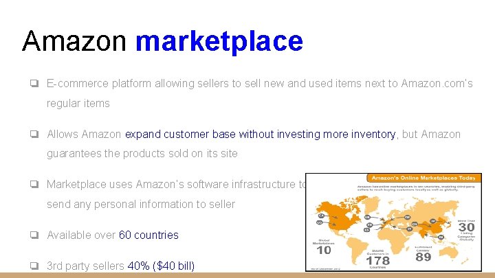 Amazon marketplace ❏ E-commerce platform allowing sellers to sell new and used items next