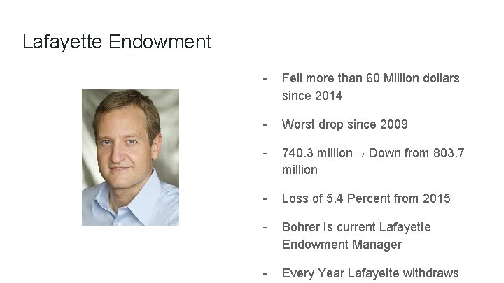 Lafayette Endowment - Fell more than 60 Million dollars since 2014 - Worst drop