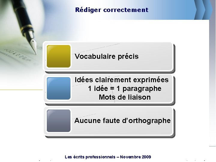 Rédiger correctement Vocabulaire précis Idées clairement exprimées 1 idée = 1 paragraphe Mots de