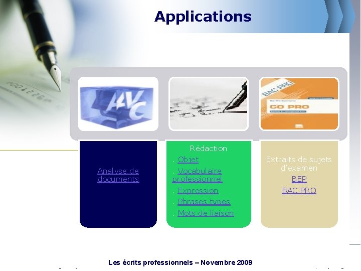 Applications Analyse de documents Rédaction. Objet. Vocabulaire professionnel. Expression. Phrases types Extraits de sujets