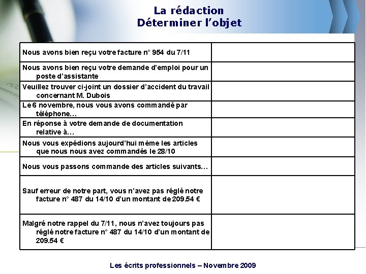 La rédaction Déterminer l’objet Nous avons bien reçu votre facture n° 954 du 7/11
