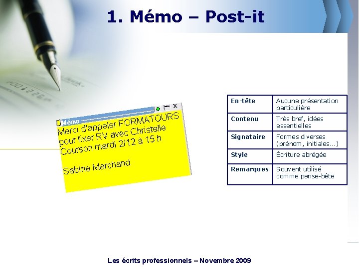1. Mémo – Post-it En-tête Aucune présentation particulière Contenu Très bref, idées essentielles Signataire