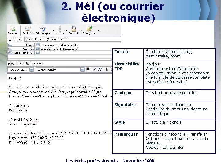 2. Mél (ou courrier électronique) En-tête Émetteur (automatique), destinataire, objet Titre civilité FDP Bonjour